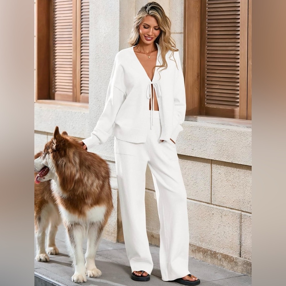 Womens 2 Piece loungewear Sweater Set Oversized Tie Front Cardigan & Pants